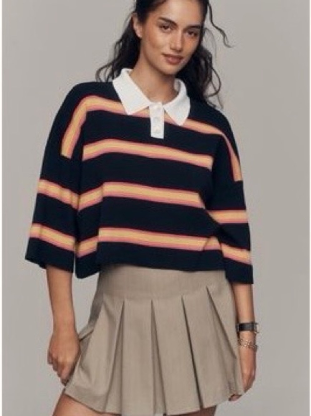 Maeve navy Knit Top with Pink and Yellow Stripe Detail NWT